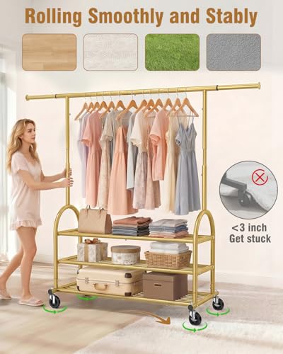 Heavy Duty Clothes Rack for Hanging Clothes Load 688 LBS, Height Adjustable Rolling Clothing Racks, Portable Metal Coat Rack Garment Wardrobe with Wheels and 3 Shelves for Bedroom, Gold - color: Gold, style: 3 Shelves