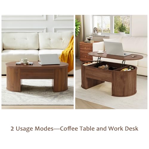 QHITTY Fluted Coffee Table with Lifting Top, Oval Wood Lift Top Coffee Table with Hidden Compartment, Mid Century Pull up Center Tables for Living Room, Office - Walnut - color: Round Table-walnut