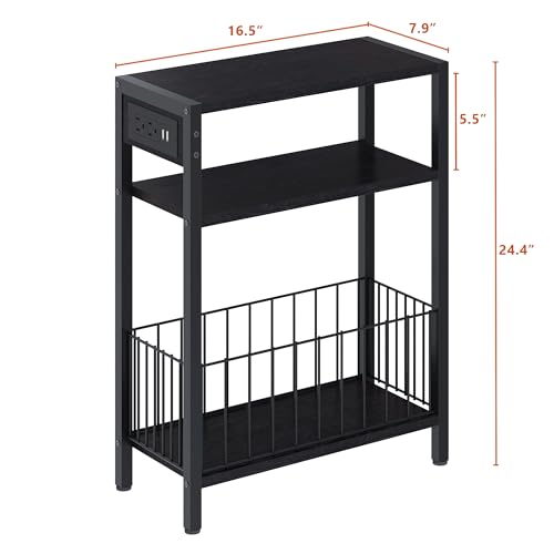 TRIFEBLE Narrow Side Table with Charging Station, Small End Table for Small Spaces, Slim Nightstand with Storage Basket, 3 Tier Skinny Bedside Table for Living Room, Bedroom, Black - color: Black