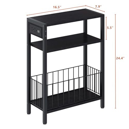 TRIFEBLE Narrow Side Table with Charging Station, Small End Table for Small Spaces, Slim Nightstand with Storage Basket, 3 Tier Skinny Bedside Table for Living Room, Bedroom, Black - color: Black