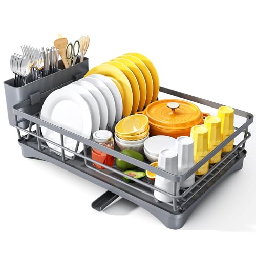 SNTD Dish Drying Rack for Kitchen Counter, 11.8" W x 16.7" L, Grey | Rustproof Stainless Steel, Large Capacity, Self-Draining Drainboard, Rotating Spout, Removable Utensil Holder - color: Gray