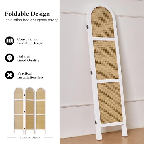 Svimi Room Dividers and Folding Privacy Screens, Pine Wood 5.6 Ft Double Hinged Rattan Partition Freestanding Wall Room Divider for Home - 3 Panels (White) - color: White