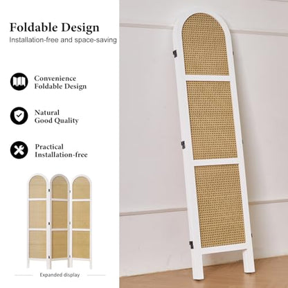 Svimi Room Dividers and Folding Privacy Screens, Pine Wood 5.6 Ft Double Hinged Rattan Partition Freestanding Wall Room Divider for Home - 3 Panels (White) - color: White