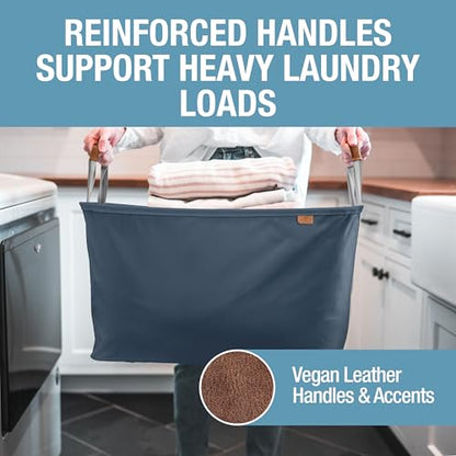 CleverMade Collapsible Laundry Basket LUXE, 60L Pop-Up Hamper, 2 Pack, Navy | Elevate Open-Room Laundry Storage | Refined Fabric and Vegan Leather Add Polish, While Each Basket Holds 55 lb - color: Navy Noir