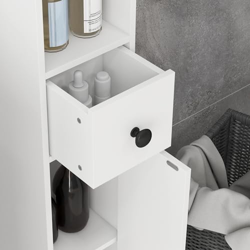 kleankin Narrow Tall Bathroom Storage Cabinet 71" Slim with Drawer White | Freestanding Bathroom Cabinet, Open Shelves, 2 Doors, Adjustable Shelves, Small Spaces