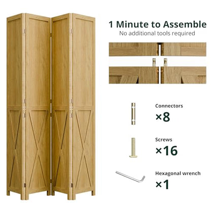 4 Panel Folding Room Divider, Solid Wood Privacy Screen, Freestanding Partition Wall, Temporary Wall for Home/Office/Bedroom/Restaurant, Natural - color: Natural