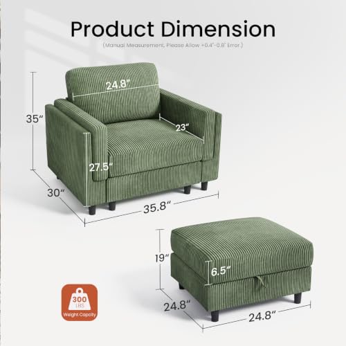 KKL Single Sofa Couch with Storage Ottoman, Modular Sectional Small Couch | Comfy Living Room Chair with Deep Seat, Single Sofa Chair for Apartments Dorms Offices - color: Green, size: One Seat+Ottoman