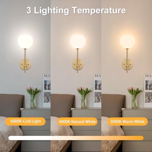 Gold Battery Operated Wall Sconces Set of 2, Rechargeable Wireless Wall Lights with Milky White Frosted Glass Shade, 12 RGB and 3CCT Dimmable, Wall Lamps with Remote for Bedroom Living Room Hallway - color: Gold
