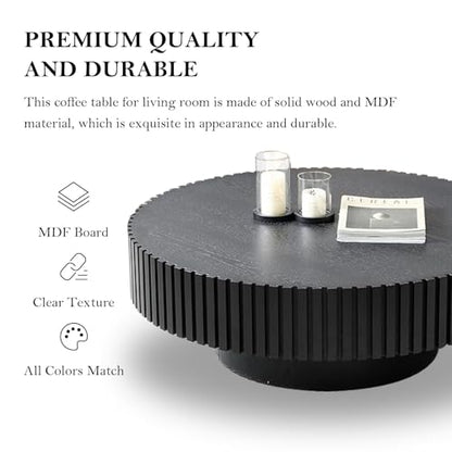 Round Fluted Drum Coffee Table with Pedestal Base | 31.5'' Modern Black Wooden Drum Center Table, Handcrafted Solid Wood Fluted Edge, For Living Room & Apartment - color: Round Black