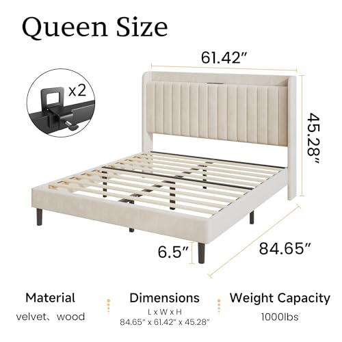 Queen Velvet Bed Frame with Storage Headboard & Charging Station | Vertical Channel Tufted, Mattress Non-slip Design, No Box Spring Needed, Noise-Free, Easy Assembly, Sturdy, Wingback - color: Beige, size: Queen
