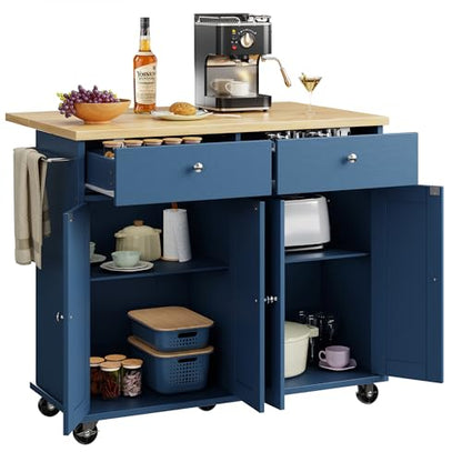Shintenchi Kitchen Island with Drop Leaf, Rolling Kitchen Cart with Storage on Wheels, Table Bar Cart for Kitchen with Towel Rack & Seating Area for Dining Room, Blue - color: Blue