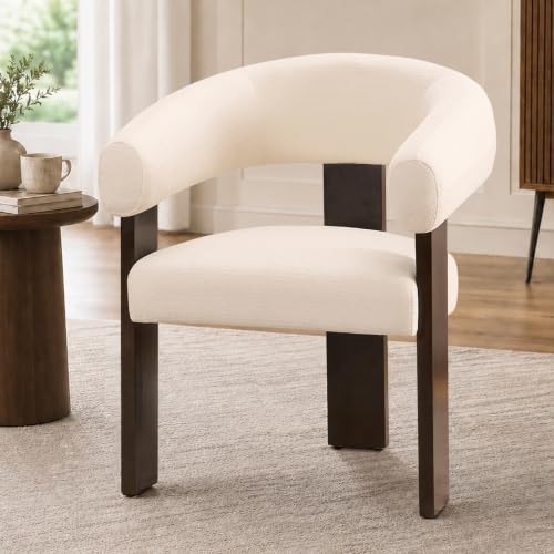Modern Accent Chair, Barrel Armchair, U-Shaped Backrest, White | Barrel Accent Chair, Upholstered Arm Chair, Ergonomic Curved Back, Soft Chenille, Solid Wood Legs, Living Room, Bedroom - color: White