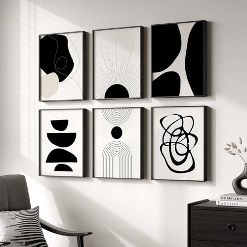 Framed Boho Black and White Abstract Wall Art, Set of 6 Modern Canvas Prints Paintings Artwork for Walls, Minimalist Geometric Pictures for Living Room Bedroom Office Bathroom Wall Decor 11x14 Inch - color: Black and White