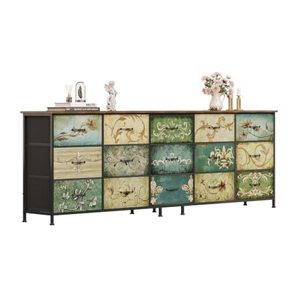Dresser for Bedroom Chest of Drawers Fabric Dresser for Closet, Nursery Entryway Hall Tree TV Stand for Living Room Retro Floral Pattern Wooden Top (15 Drawers) - size: 13"D x 78.7"W x 26.8"H (15 Drawers)