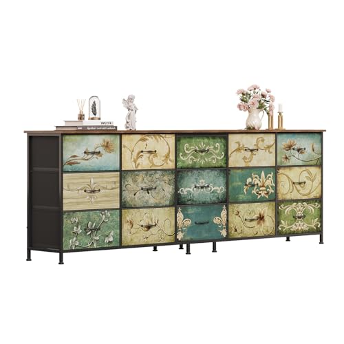 Dresser for Bedroom Chest of Drawers Fabric Dresser for Closet, Nursery Entryway Hall Tree TV Stand for Living Room Retro Floral Pattern Wooden Top (15 Drawers) - size: 13"D x 78.7"W x 26.8"H (15 Drawers)