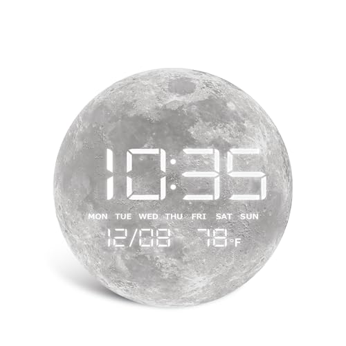 Digital Desk & Shelf Clock, LED Moon/Earth Design, Temperature Display, 7.87 x 7.87 inches (Moon, 7.87 INCH) - color: Moon, size: 7.87 INCH