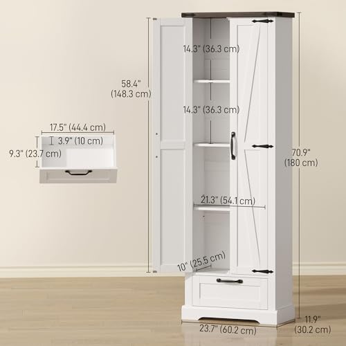 HOMCOM 71" Tall Kitchen Pantry Storage Cabinet Barn Doors Drawer White | Farmhouse, Adjustable Shelves, Freestanding Food Pantry Cabinet, for Kitchen, Dining Room - color: White
