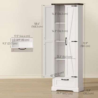 HOMCOM 71" Tall Kitchen Pantry Storage Cabinet Barn Doors Drawer White | Farmhouse, Adjustable Shelves, Freestanding Food Pantry Cabinet, for Kitchen, Dining Room - color: White