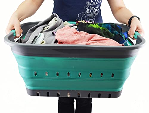 SAMMART 42L (11 gallon) Collapsible Plastic Laundry Basket - Foldable Pop Up Storage Container/Organizer - Portable Basket - Space Saving Hamper/Basket (2, Grey/Turquoise Blue) - color: Grey/Turquoise Blue