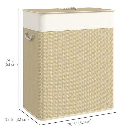 HOMCOM Double Laundry Basket with Lid 26.4 Gallon Bamboo Hamper Natural | Rope Handles, Clothes Hamper, Removable Liner, Bathroom, Bedroom - color: Natural