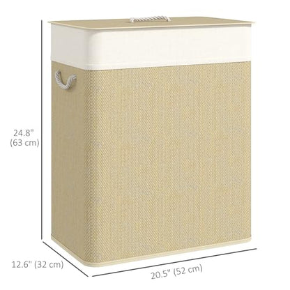 HOMCOM Double Laundry Basket with Lid 26.4 Gallon Bamboo Hamper Natural | Rope Handles, Clothes Hamper, Removable Liner, Bathroom, Bedroom - color: Natural
