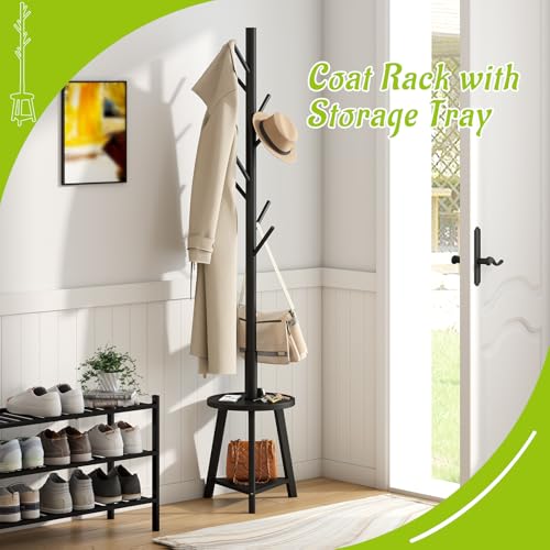 BMOSU Coat Rack freestanding Stand with Shelf Bamboo Wooden Coat Tree Easy Assembly 8 Hooks Standing Jackets Hanger Hallway Office Floor Coat Stand Black - color: BLACK
