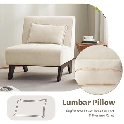 Armless Accent Chair Comfy Upholstered Modern Living Room Side Chair | Comfy Small Accent Lounge Chair with Pillow & Wooden Legs Accent Chair for Living Room Bedroom Farmhouse Reading Beige - color: Beige