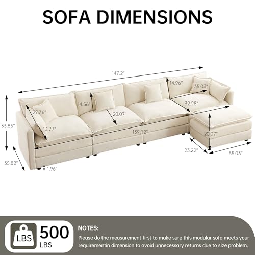 Modular Sectional Sofa, 147.2 Inch L Shaped Couch Set with Armrests, 4-Seater Comfy Cloud Couches with Movable Ottoman for Living Room Apartment, Beige - color: Beige, size: 147.2'' - L Shape