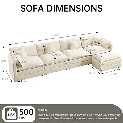 Modular Sectional Sofa, 147.2 Inch L Shaped Couch Set with Armrests, 4-Seater Comfy Cloud Couches with Movable Ottoman for Living Room Apartment, Beige - color: Beige, size: 147.2'' - L Shape