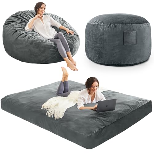 Bean Bag Chairs for Adults - Giant Bean Bag Convertible Floor Sofa | 3 IN 1 Lounger Couch Sofa, Memory Foam Filling, Removable Velvet Cover, Machine Washable, Bedroom Living Room, Queen Charcoal - color: Charcoal, size: Queen
