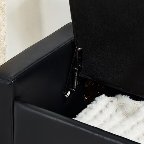 Storage Bench, 48‘’ Upholstered PU Leather Ottoman Bench with Button-Tufted, Folding Bedroom Bench with Wood Legs, Entryway Bench for Bedroom, Black - color: Black