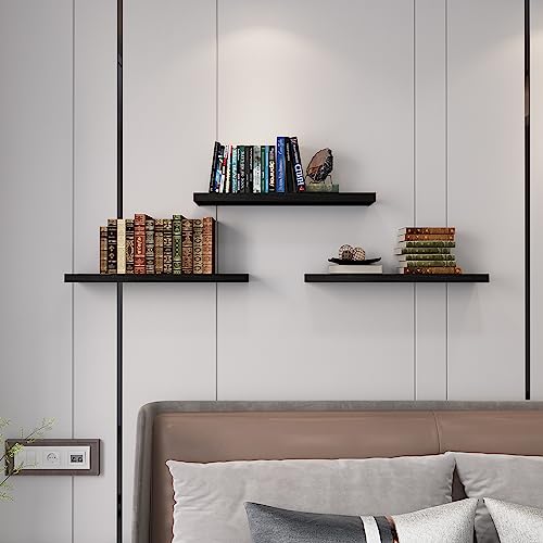 SAUMONIERES Floating Wall Shelves for Bedroom Bathroom Wall Mounted Solid Wood Shelf 24 Inch Set of 3, Black - color: Black, size: 24 Inch-3 shelves