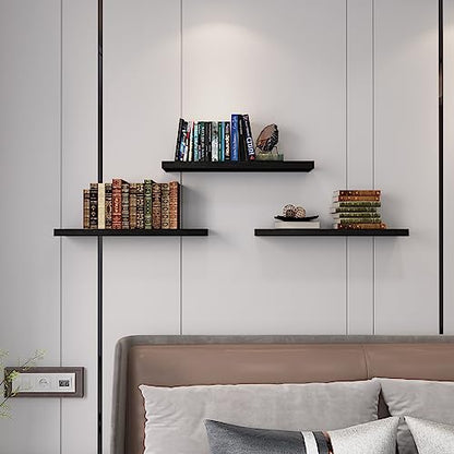 SAUMONIERES Floating Wall Shelves for Bedroom Bathroom Wall Mounted Solid Wood Shelf 24 Inch Set of 3, Black - color: Black, size: 24 Inch-3 shelves