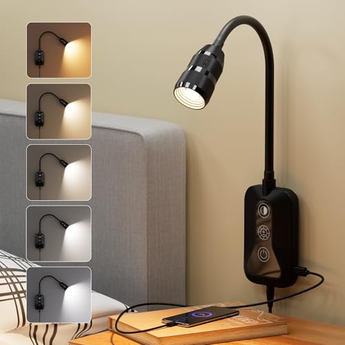 Wall Mounted Reading Light for Bed, Headboard Light with 360° Flexible Arm, Hand Wave Sensor, Focused 60° Beam, 5 Color Temperatures, Stepless Dimming, Memory Function, USB-C Output, Black 1 Pack - size: 1 Pack-Black