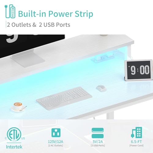 Lufeiya White Computer Desk with LED Lights and Power Outlets, 40 Inch Home Office Desks with Monitor Stand, Teen Writing Study Table Gaming Desk with Charging Station, White - color: White, size: 39.4"