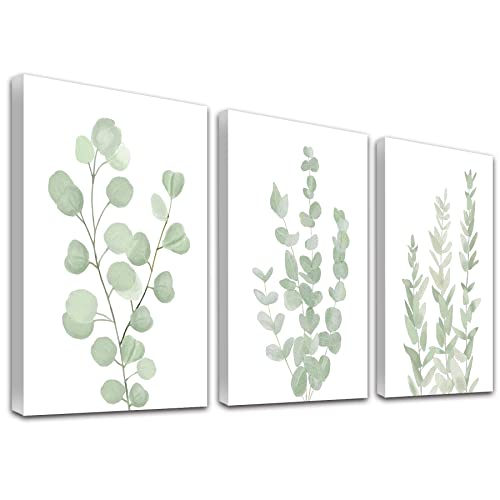 Botanical Eucalyptus Canvas FRAMED Wall Art,Boho Plant Wall Decor for Bedroom,Minimalist Prints for Living Room,Light Green Botanical Art Painting for Bathroom,Set of 3,12”x 16” - color: Botanical Wall Art, size: 12''x 16''x 3pcs