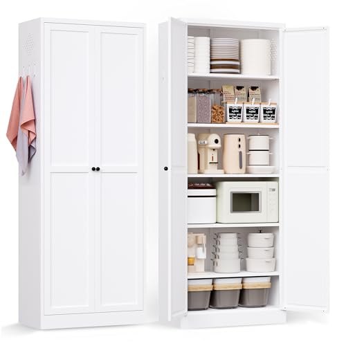 AQY Metal Pantry Cabinet, 72" White Kitchen Storage Cabinet with Doors | 5 Adjustable Shelves Ventilated Metal Cabinet Hanging Hooks Freestanding Kitchen Storage - color: White, style: H72" - 2 Doors Hooks & Vents
