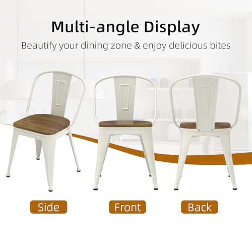 18 Inch White Dining Chairs Set of 4, Farmhouse Metal Chairs with High Back and Wooden Seat, Stackable Industrial Bar stools for Dining Room (White) - color: White