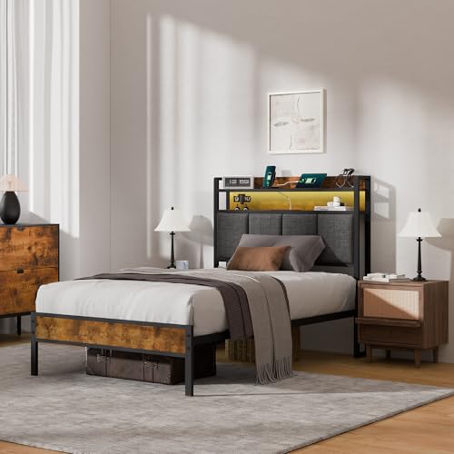 Z-hom Twin Bed Frame with 2-Tier Storage Upholstered Headboard,Noise Free | Metal Platform Bed Frame with USB Charging Station and LED Lights,No Box Spring Required,Easy to Assemble,Vintage Brown - color: Upgraded Version-vintage Brown, size: Twin