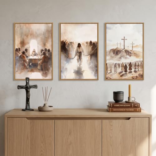 LHIUEM Large Jesus Neutral Framed Canvas Wall Art Set,Christ Church Wall Decor,Christian Bible Story Religious Easter Last Supper Artwork for Living Room,Churches,Prayer Room Decor- 16''x24''x3 - color: Neutral Jesus Wall Art, size: 24"L x 16"W