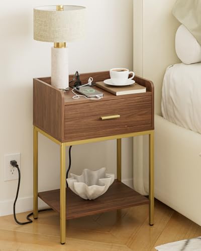 Masupu Nightstand with Charging Station, 3-Tier Modern Bedside Night Stand with Storage Drawer and Shelf, Small End Side Table for Bedroom, Living Room, Walnut - color: Outlet-brwon Walnut