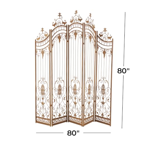 Deco 79 Metal Room Divider Screen 80" x 1" x 80", Satin Bronze | More privacy, room divider screens with scrollwork, 5-panel privacy panel, adjustable levelers