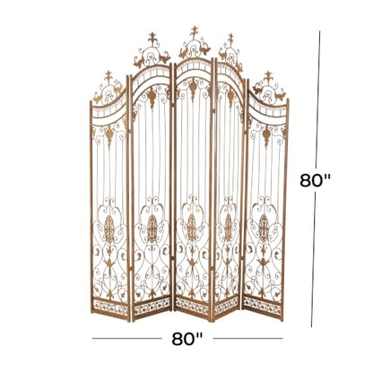 Deco 79 Metal Room Divider Screen 80" x 1" x 80", Satin Bronze | More privacy, room divider screens with scrollwork, 5-panel privacy panel, adjustable levelers