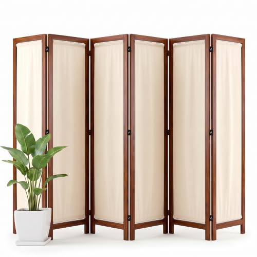 Wood Room Divider Panel with Linen Fabric, Boho Folding Privacy Screen 67" | Two Way Hinges, No-Assembly Required, Freestanding Screen For Bedroom, Living, Office or Apartment - color: Walnut, size: 6 Panel
