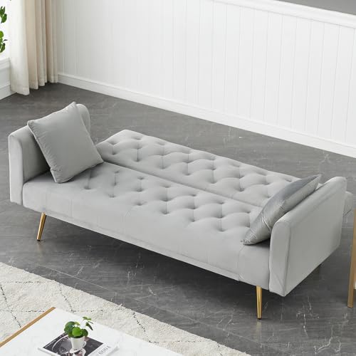 71" Modern Velvet Sofa Bed Futon, Convertible Sleeper Couch, Adj. Backrest | Tufted Recliner Loveseat Design with Golden Chrome Legs & 2 Pillows, Perfect for Small Spaces, Living Room, Apartment - color: Grey