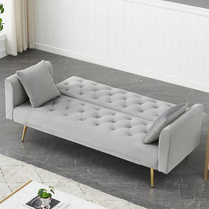 71" Modern Velvet Sofa Bed Futon, Convertible Sleeper Couch, Adj. Backrest | Tufted Recliner Loveseat Design with Golden Chrome Legs & 2 Pillows, Perfect for Small Spaces, Living Room, Apartment - color: Grey
