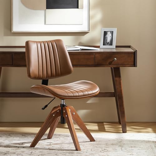 HULALA HOME Faux Leather Home Office Desk Chair No Wheels, Camel | Mid-Century Modern Desk Chair with Wood Legs, 360° Swivel Computer Task Chair with Channel-Tufted Backrest, Height Adjustable - color: Camel