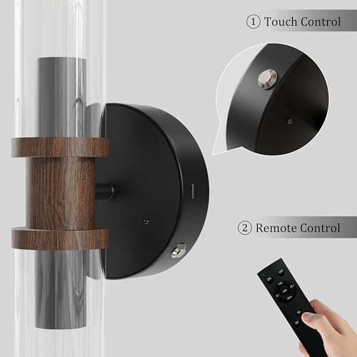 Rayogale Black & Walnut Wireless Battery Operated Wall Sconces with Remote | Glass Rechargeable Wall Lights Set of 2 with Timer Function Dimmable for Living Room Bedroom Emergency 3000K, 20.5 Inch - color: Black & Walnut(Clear Tubular Lampshade)