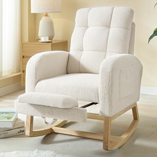 NIOIIKIT Modern Nursery Rocking Chair, Teddy Upholstered Rocking Chair with Footrest, Comfortable Rocker Chair with Side Pocket, Rocker Chair for Living Room, Bedroom, Nursing Room (White) - color: White