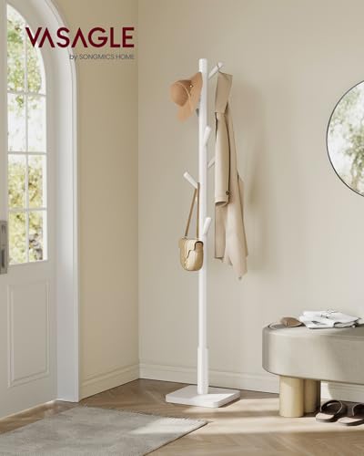 VASAGLE Solid Wood Coat Rack, Free Standing Hall Coat Tree with 8 Hooks, 3 Height Options, for Coats, Hats, Bags, Purses, for Entryway, Hallway, Rubberwood Hooks and Pole, Cloud White URCR010W02 - color: Cloud White, style: Square Base + Cylindrical Hooks